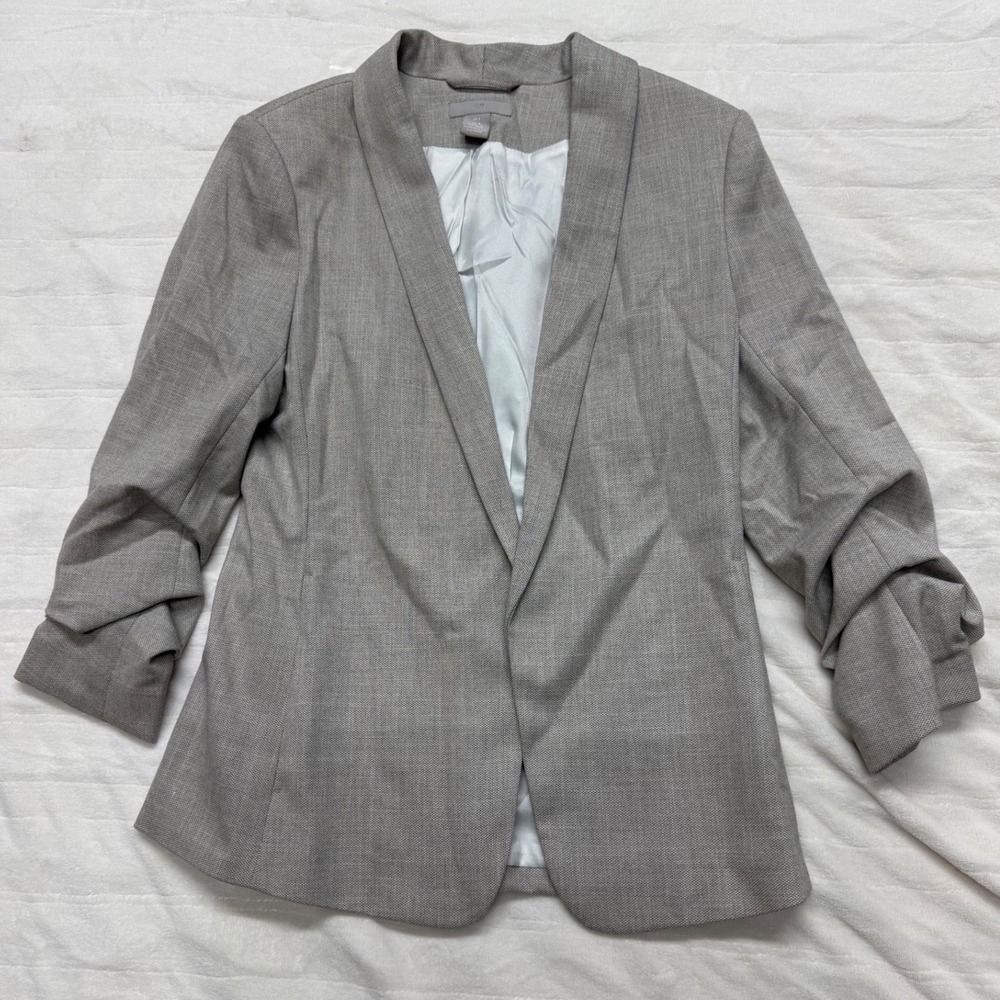 H&M Women Gray Ruched Sleeve Open Front Blazer Jacket Size 8‎